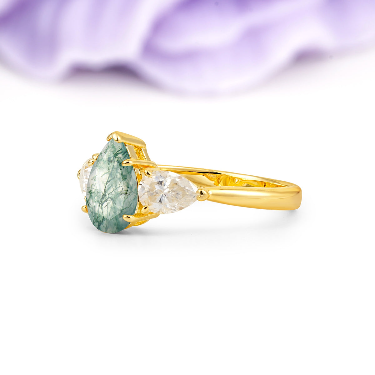 Classic, Luxurious 5-Prong Pear Cut Moss Agate Three-Stone Wedding Ring - Additional view