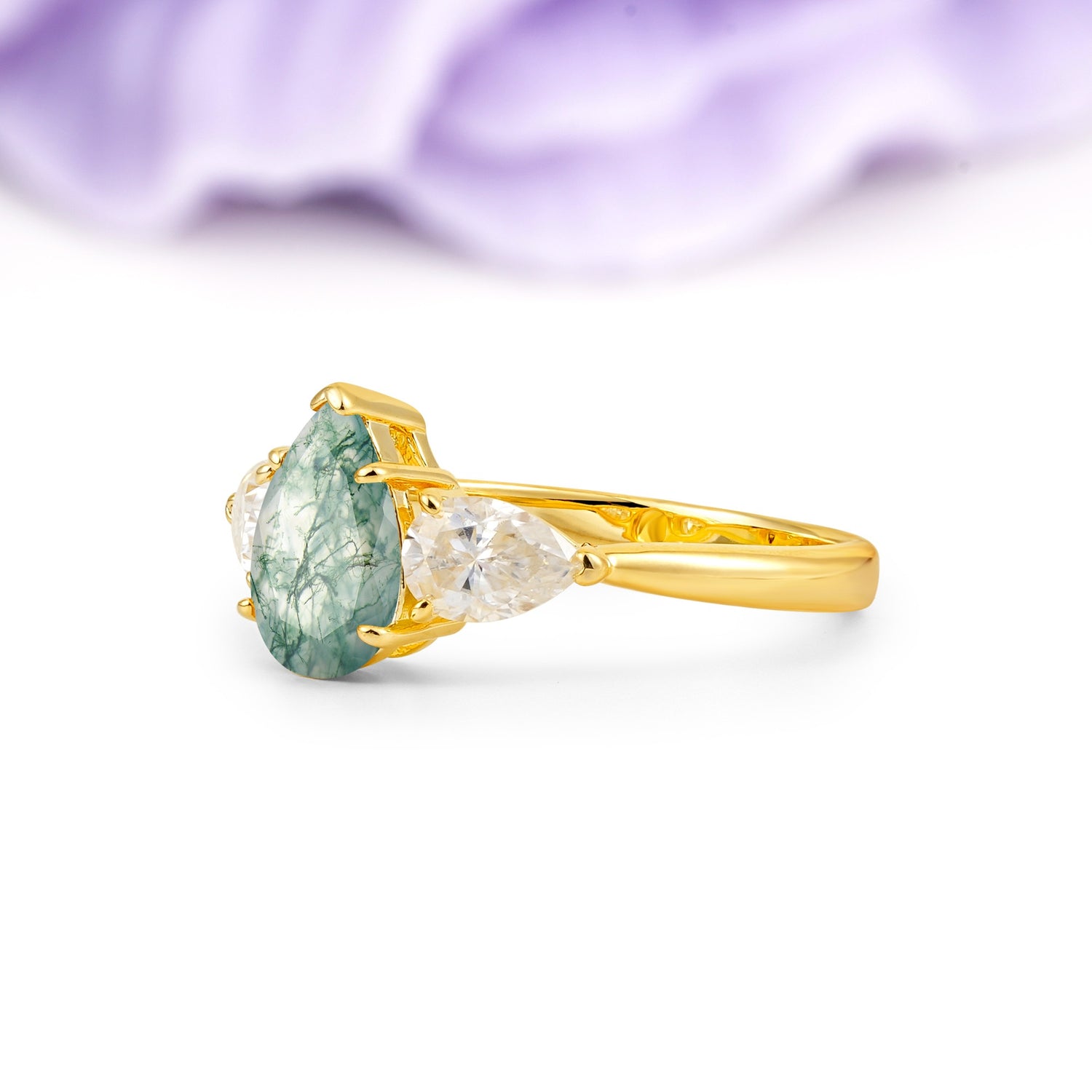 Classic, Luxurious 5-Prong Pear Cut Moss Agate Three-Stone Wedding Ring - Additional view