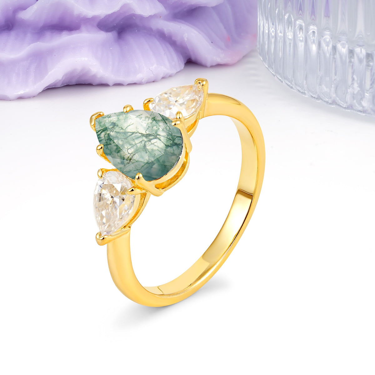 Classic, Luxurious 5-Prong Pear Cut Moss Agate Three-Stone Wedding Ring - Additional view