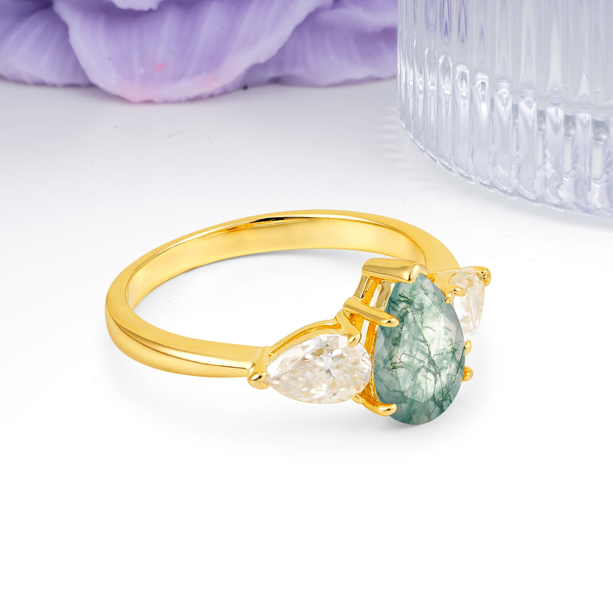 Classic, Luxurious 5-Prong Pear Cut Moss Agate Three-Stone Wedding Ring - Additional view
