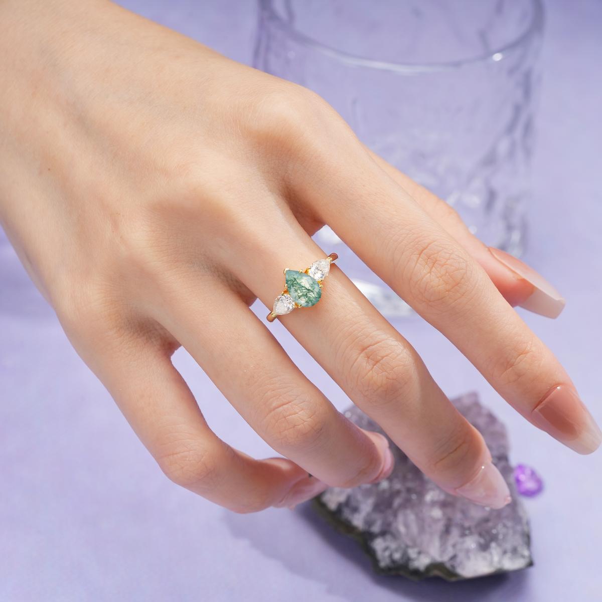 Classic, Luxurious 5-Prong Pear Cut Moss Agate Three-Stone Wedding Ring