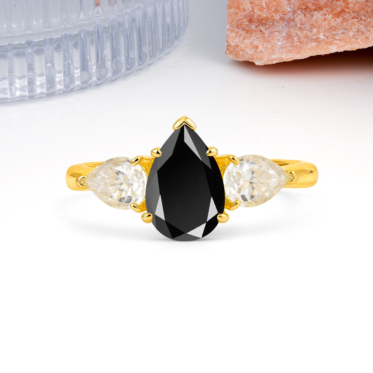 Classic, Luxurious 5-Prong Pear Cut Black Onyx Three-Stone Wedding Ring - Additional view