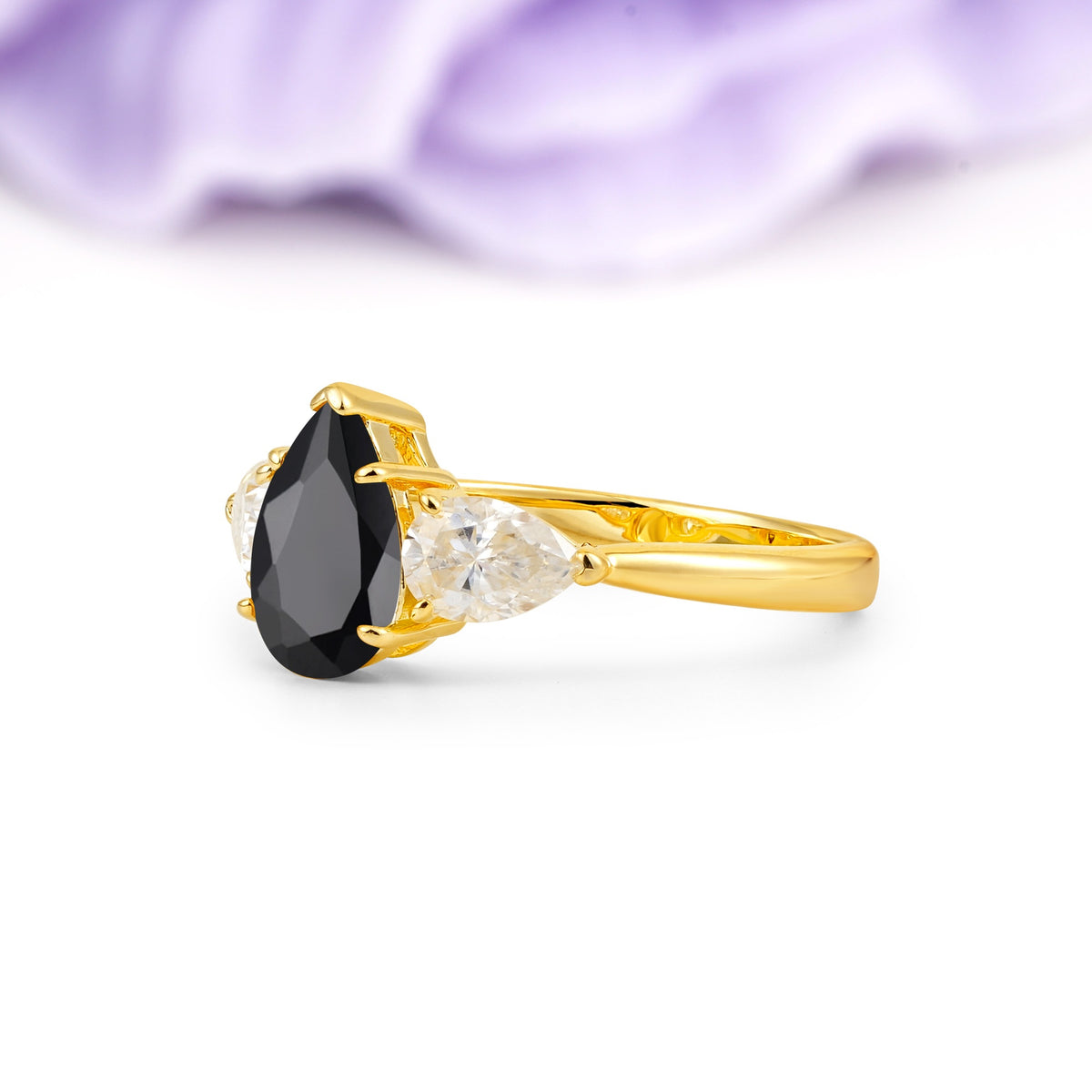 Classic, Luxurious 5-Prong Pear Cut Black Onyx Three-Stone Wedding Ring - Additional view