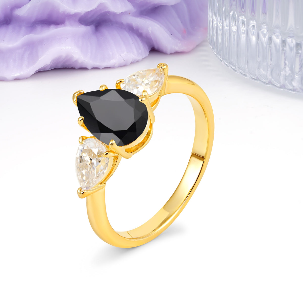 Classic, Luxurious 5-Prong Pear Cut Black Onyx Three-Stone Wedding Ring - Additional view