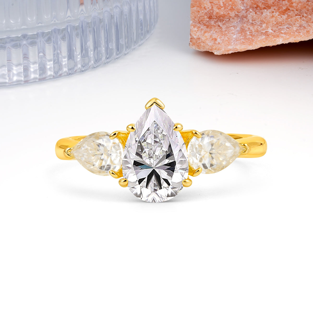 Classic, Luxurious 5-Prong Pear Cut Lab Diamond Three-Stone Wedding Ring - Additional view