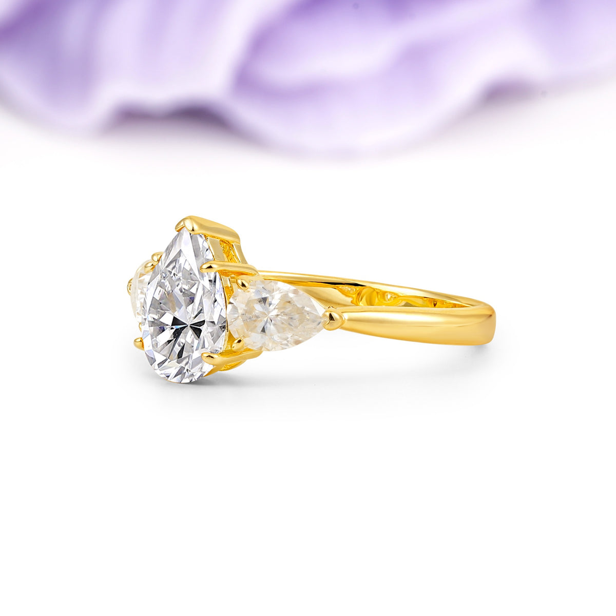 Classic, Luxurious 5-Prong Pear Cut Lab Diamond Three-Stone Wedding Ring - Additional view