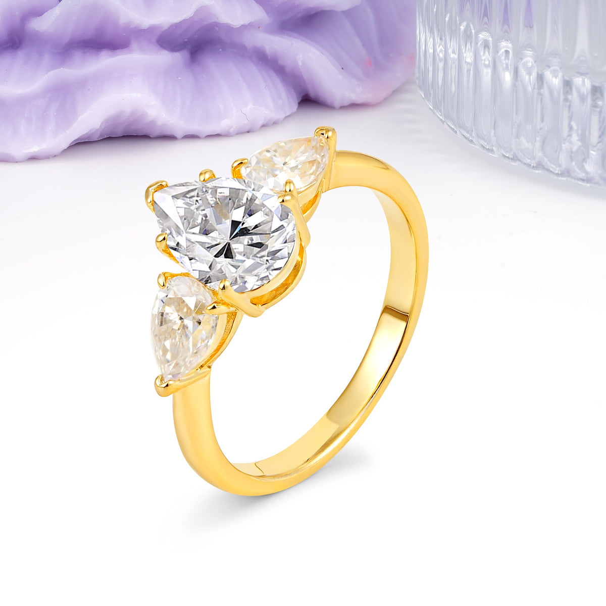 Classic, Luxurious 5-Prong Pear Cut Lab Diamond Three-Stone Wedding Ring - Additional view