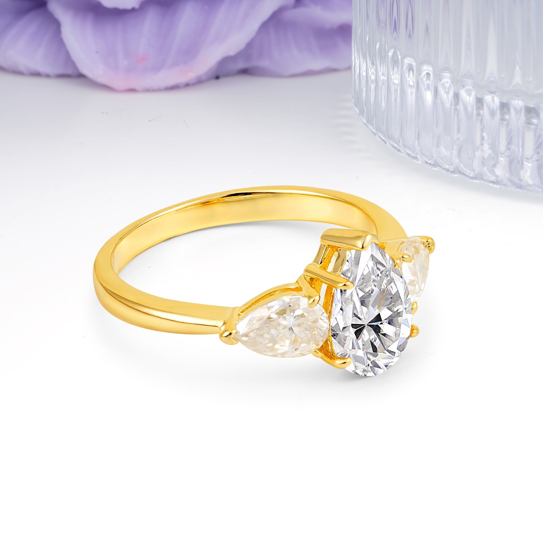 Classic, Luxurious 5-Prong Pear Cut Lab Diamond Three-Stone Wedding Ring - Additional view