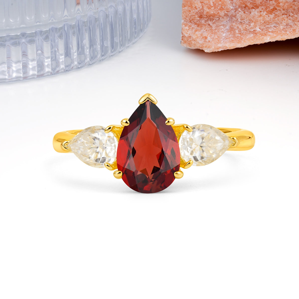 Classic, Luxurious 5-Prong Pear Cut Garnet Three-Stone Wedding Ring - Additional view