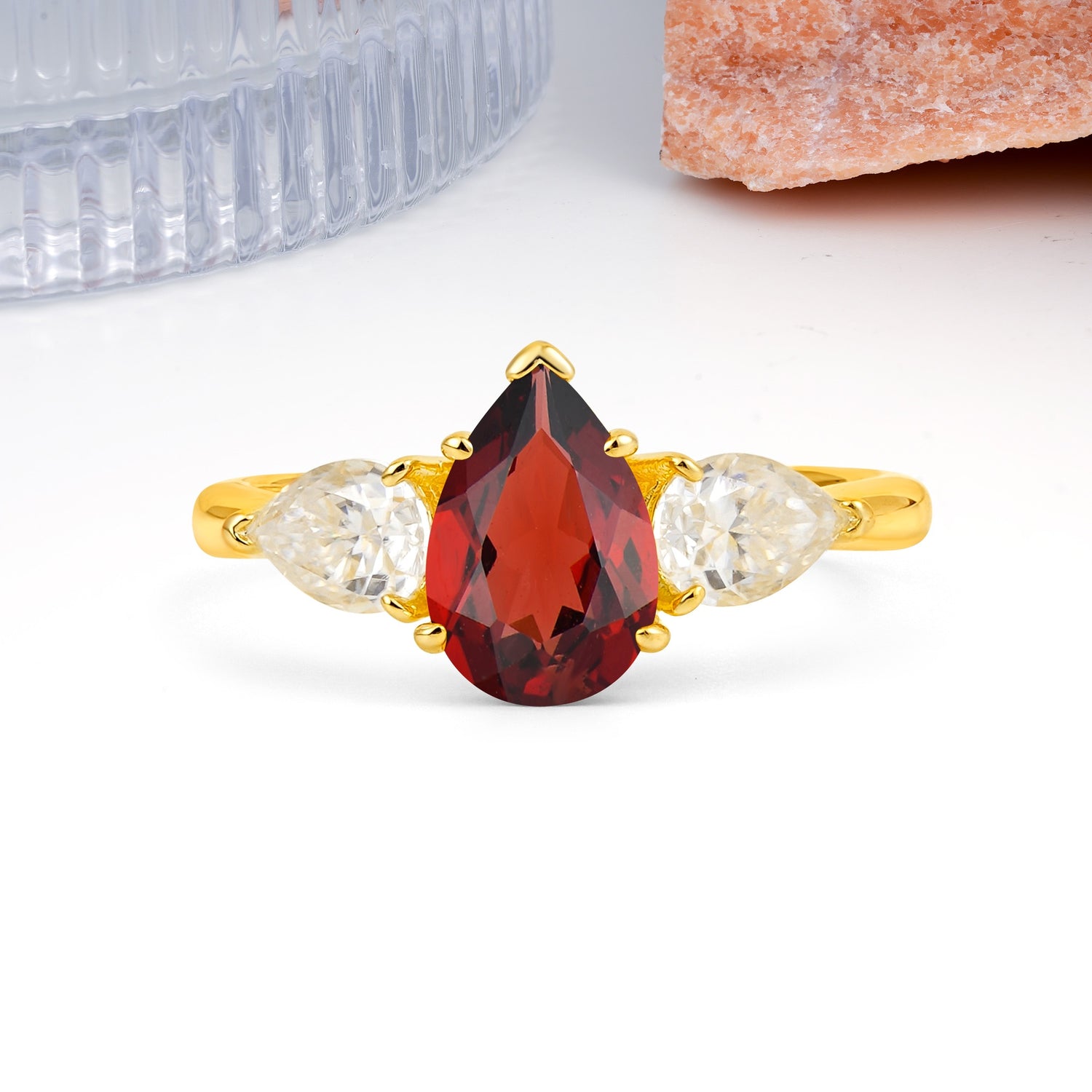 Classic, Luxurious 5-Prong Pear Cut Garnet Three-Stone Wedding Ring - Additional view