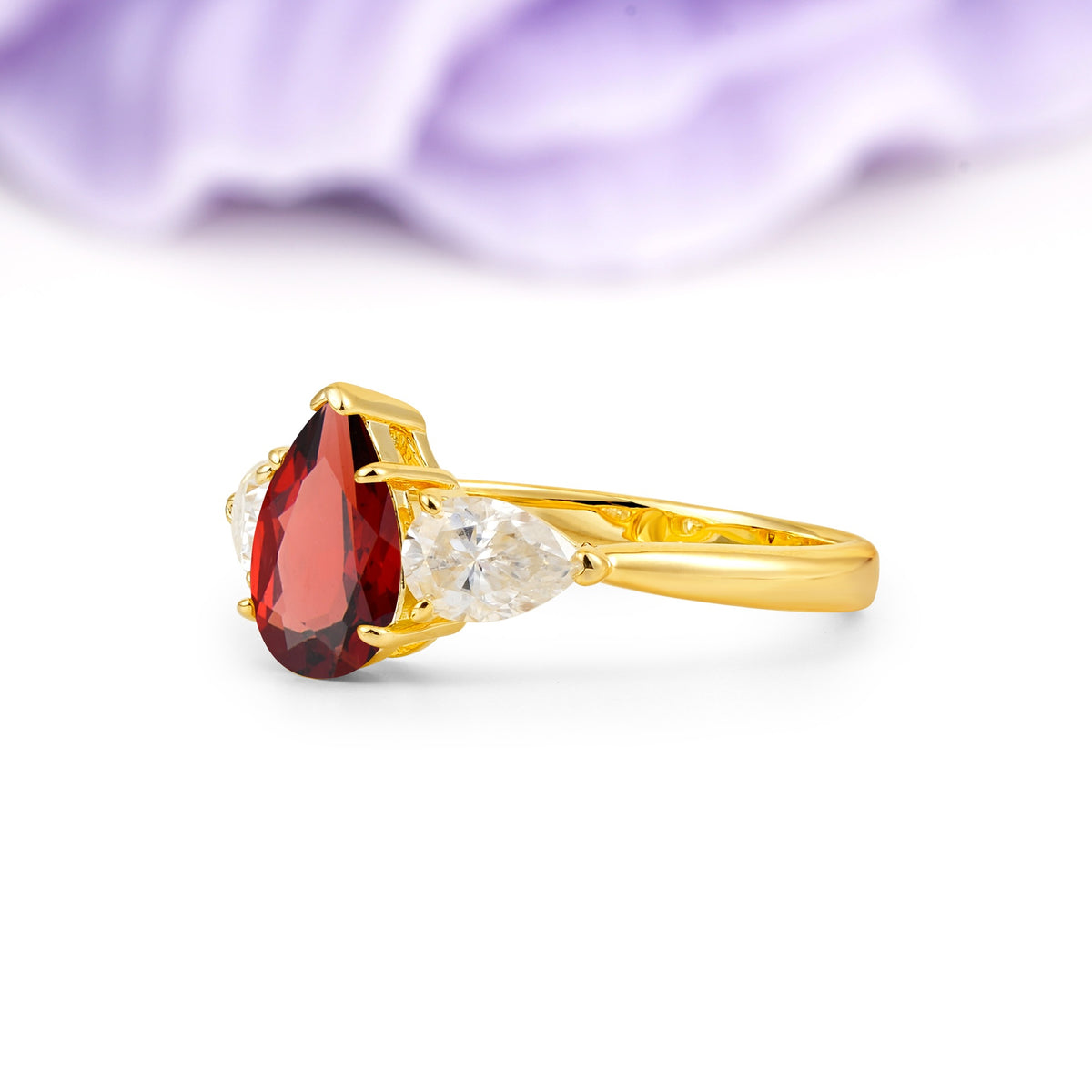Classic, Luxurious 5-Prong Pear Cut Garnet Three-Stone Wedding Ring - Additional view