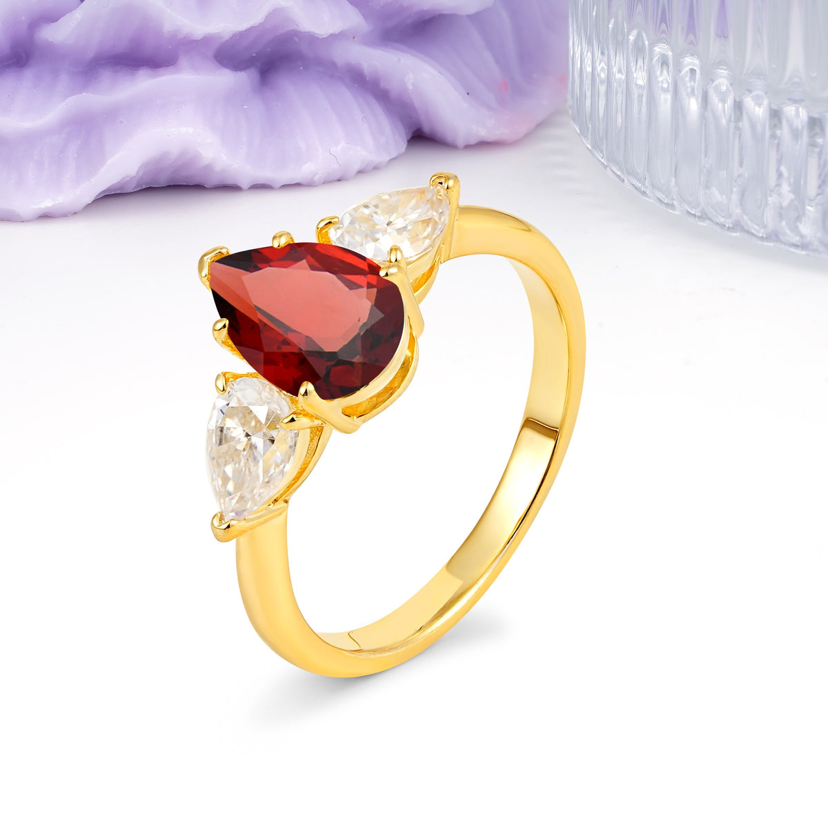 Classic, Luxurious 5-Prong Pear Cut Garnet Three-Stone Wedding Ring - Additional view