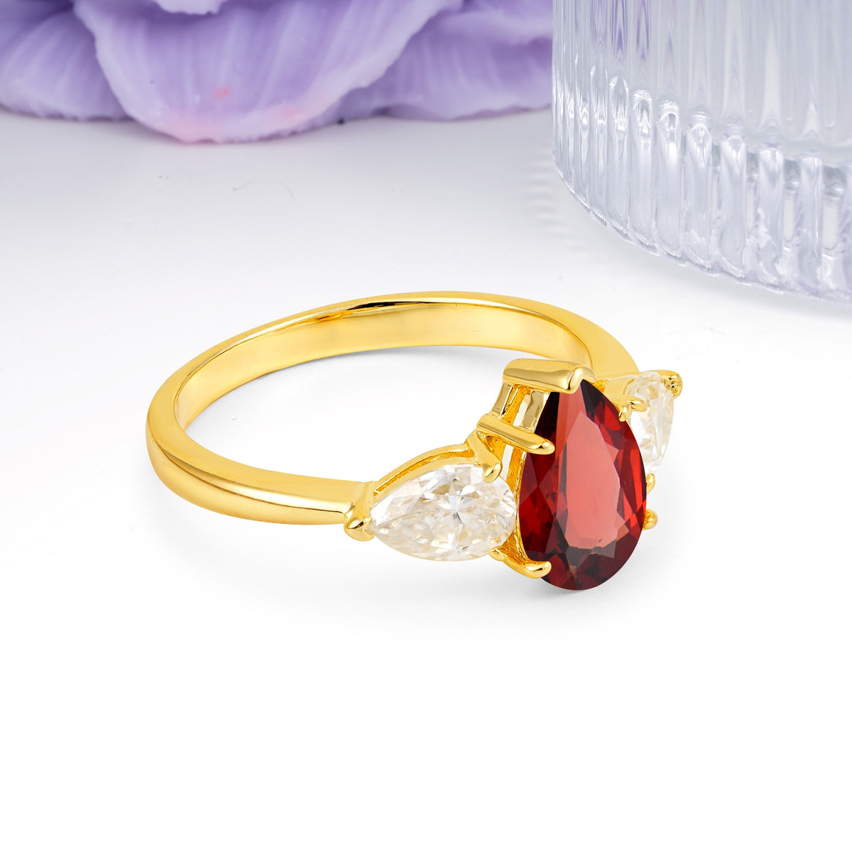 Classic, Luxurious 5-Prong Pear Cut Garnet Three-Stone Wedding Ring - Additional view