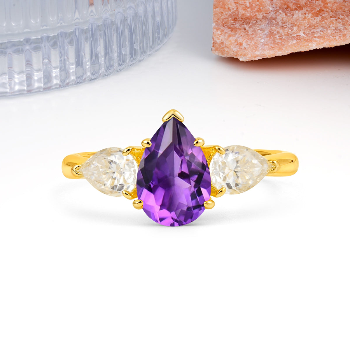 Classic, Luxurious 5-Prong Pear Cut Amethyst Three-Stone Wedding Ring - Additional view