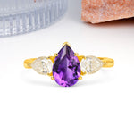 Classic, Luxurious 5-Prong Pear Cut Amethyst Three-Stone Wedding Ring - Additional view