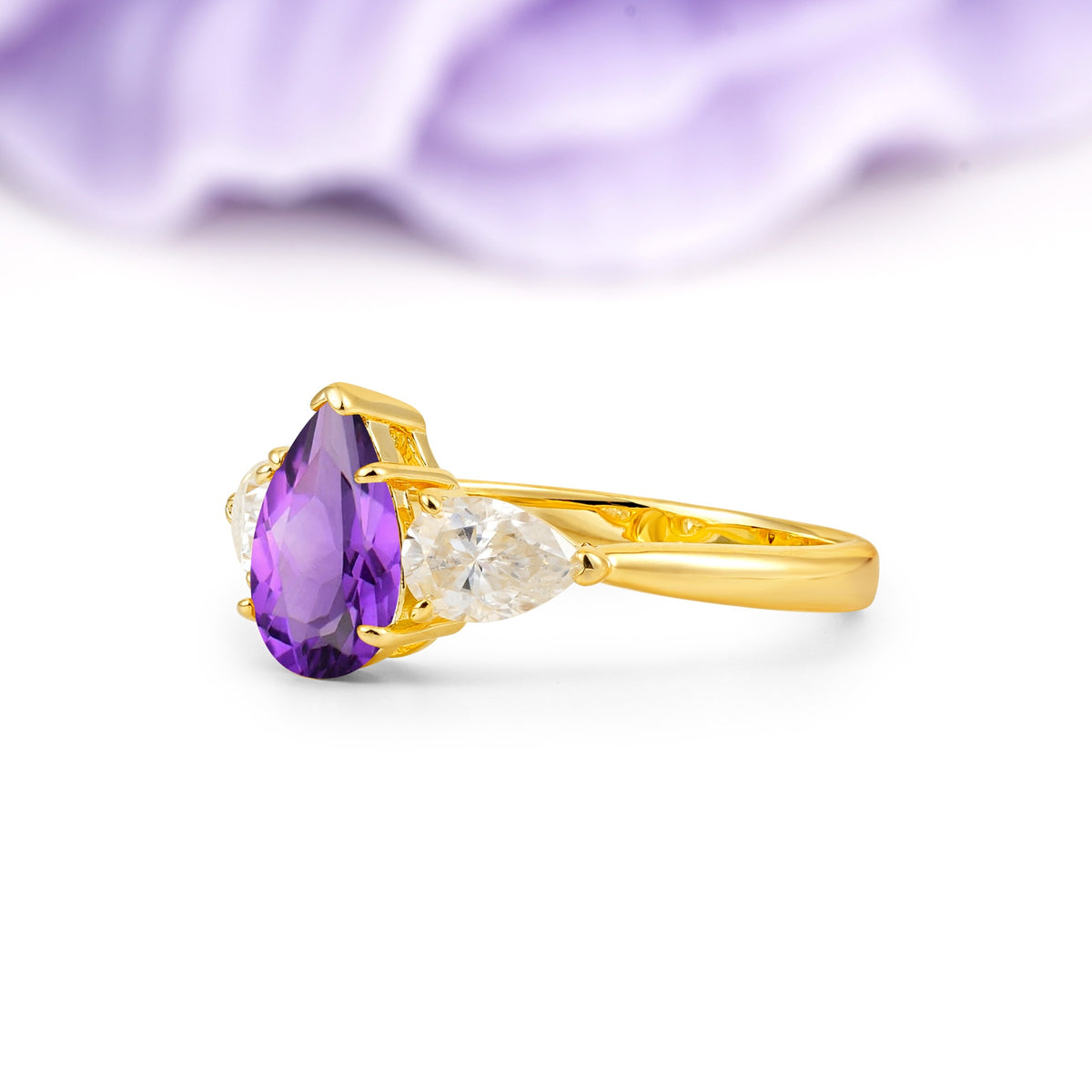 Classic, Luxurious 5-Prong Pear Cut Amethyst Three-Stone Wedding Ring - Additional view