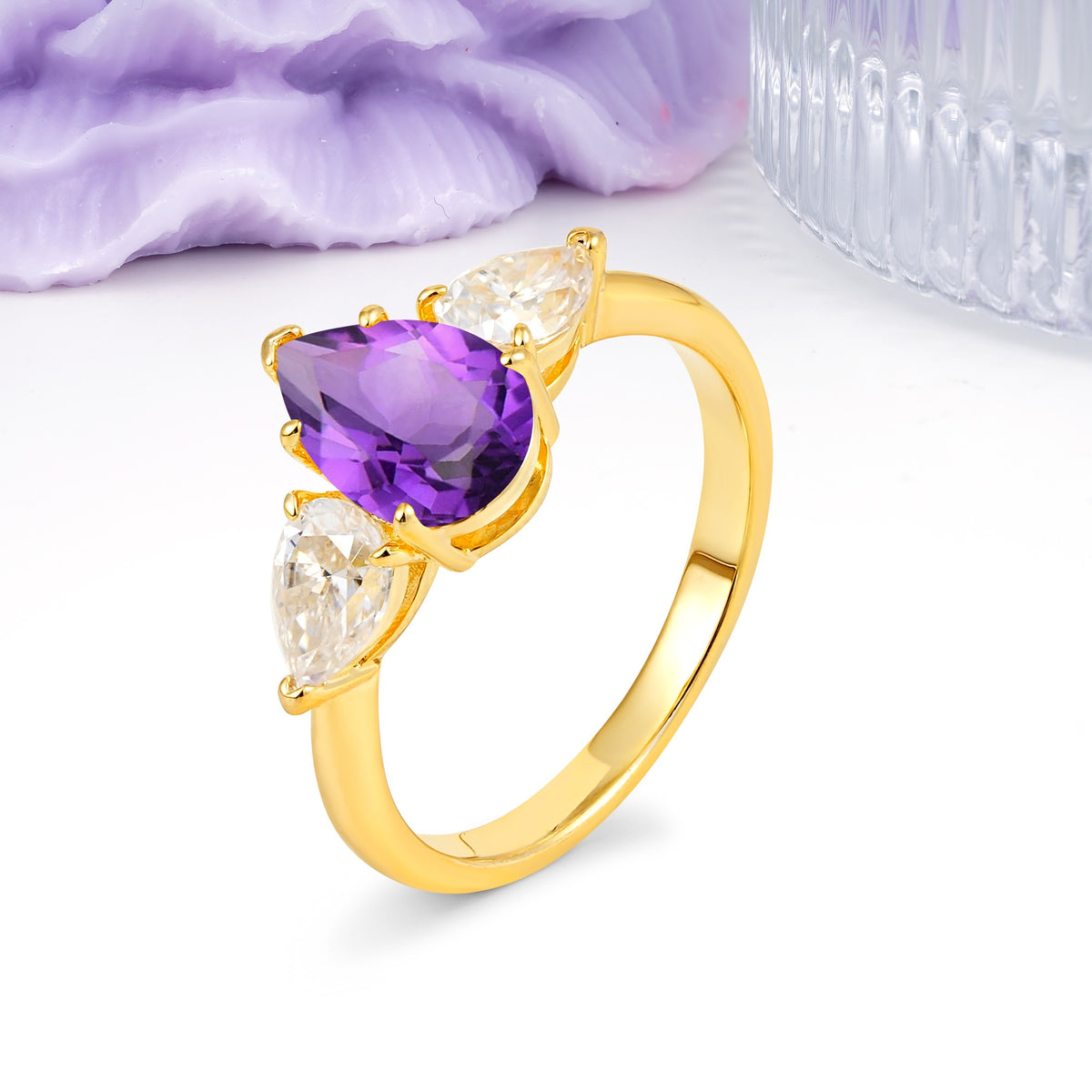 Classic, Luxurious 5-Prong Pear Cut Amethyst Three-Stone Wedding Ring - Additional view