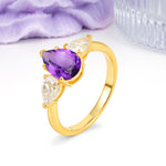 Classic, Luxurious 5-Prong Pear Cut Amethyst Three-Stone Wedding Ring - Additional view
