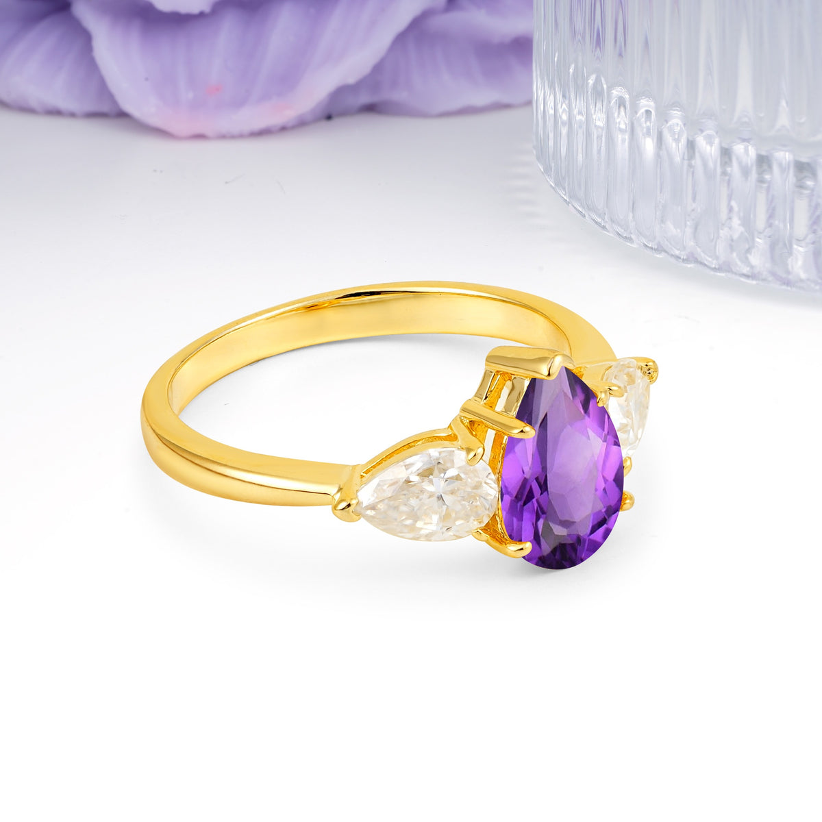 Classic, Luxurious 5-Prong Pear Cut Amethyst Three-Stone Wedding Ring - Additional view