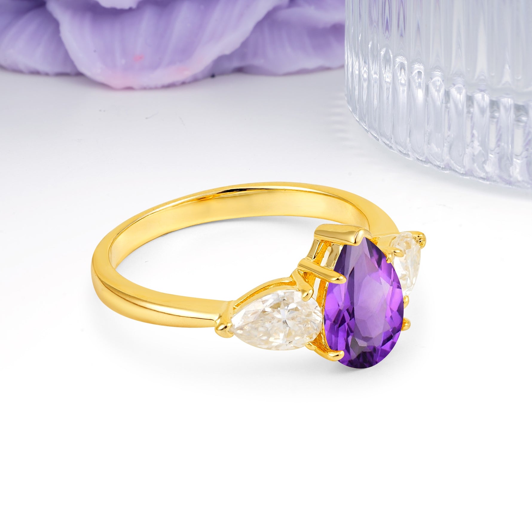 Classic, Luxurious 5-Prong Pear Cut Amethyst Three-Stone Wedding Ring - Additional view