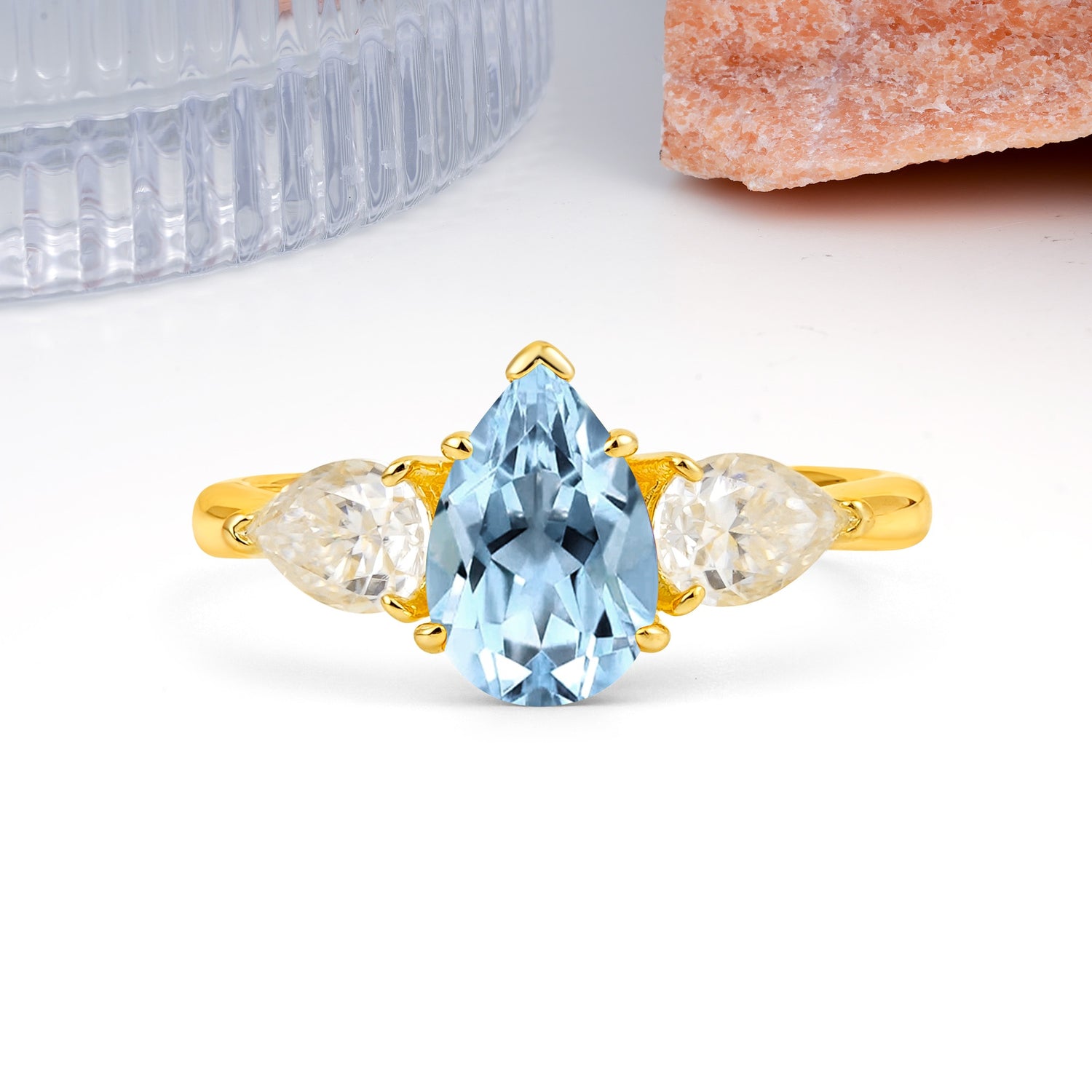Classic, Luxurious 5-Prong Pear Cut Aquamarine Three-Stone Wedding Ring - Additional view
