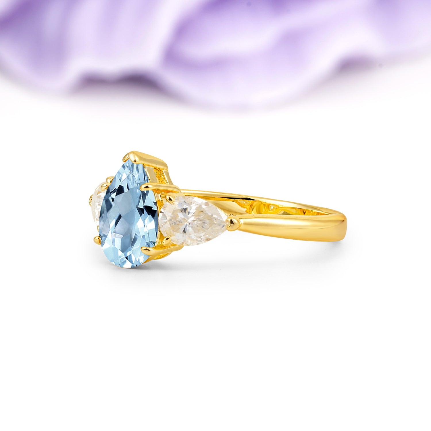 Classic, Luxurious 5-Prong Pear Cut Aquamarine Three-Stone Wedding Ring - Additional view