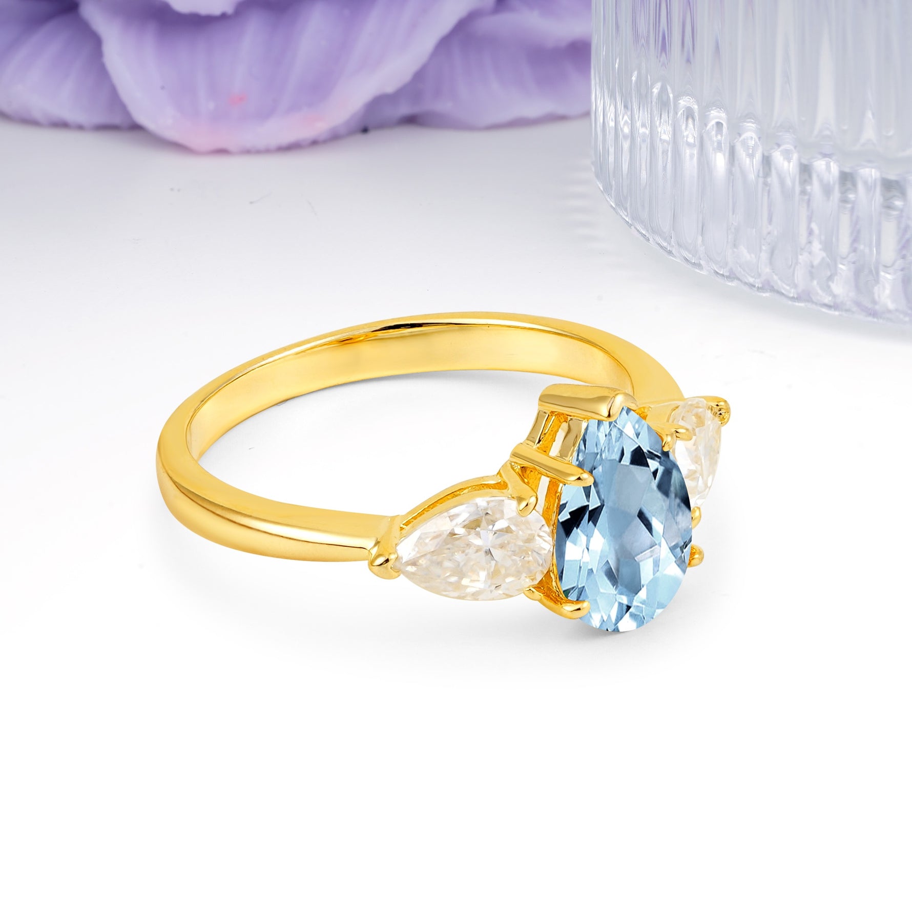 Classic, Luxurious 5-Prong Pear Cut Aquamarine Three-Stone Wedding Ring - Additional view