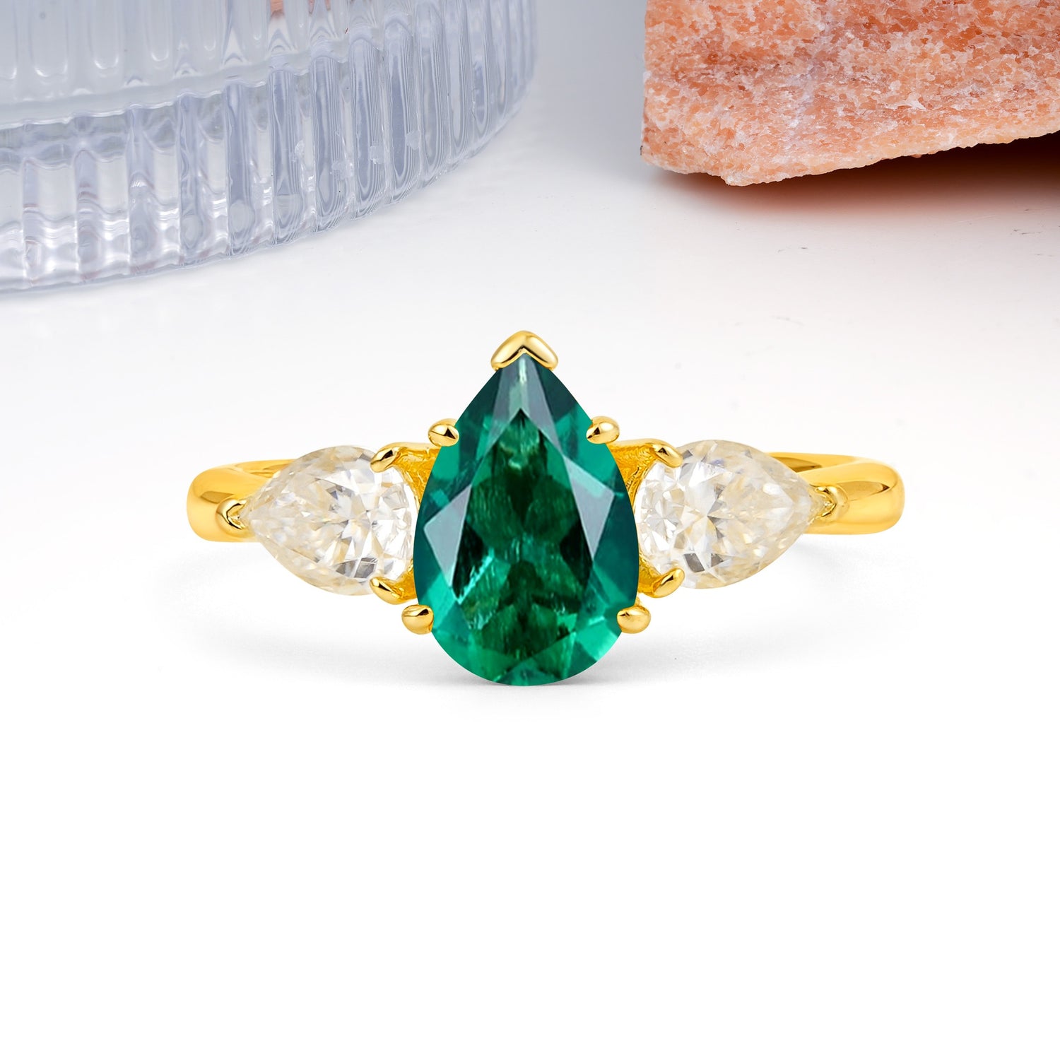 Classic, Luxurious 5-Prong Pear Cut Emerald Three-Stone Wedding Ring - Additional view