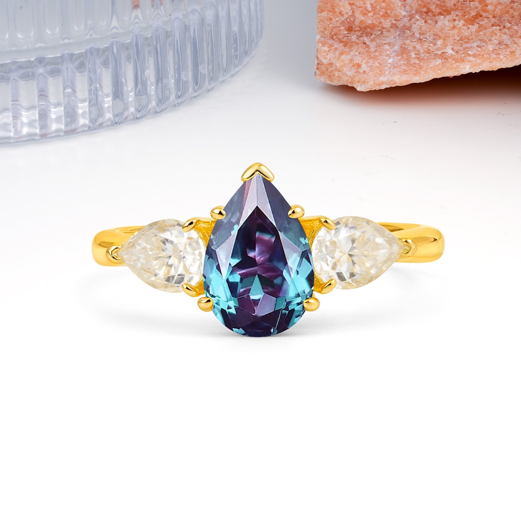 Classic, Luxurious 5-Prong Pear Cut Alexandrite Three-Stone Wedding Ring - Additional view