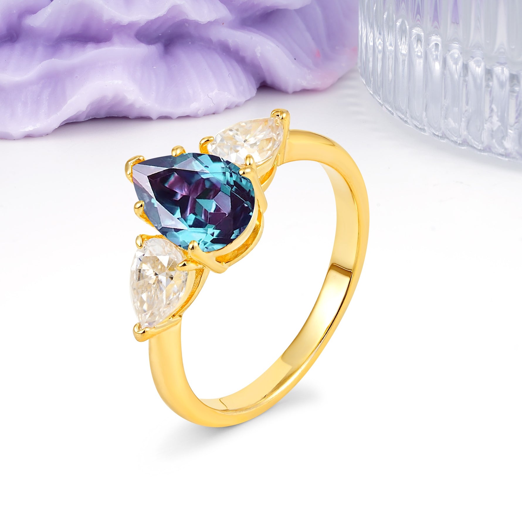 Classic, Luxurious 5-Prong Pear Cut Alexandrite Three-Stone Wedding Ring - Additional view