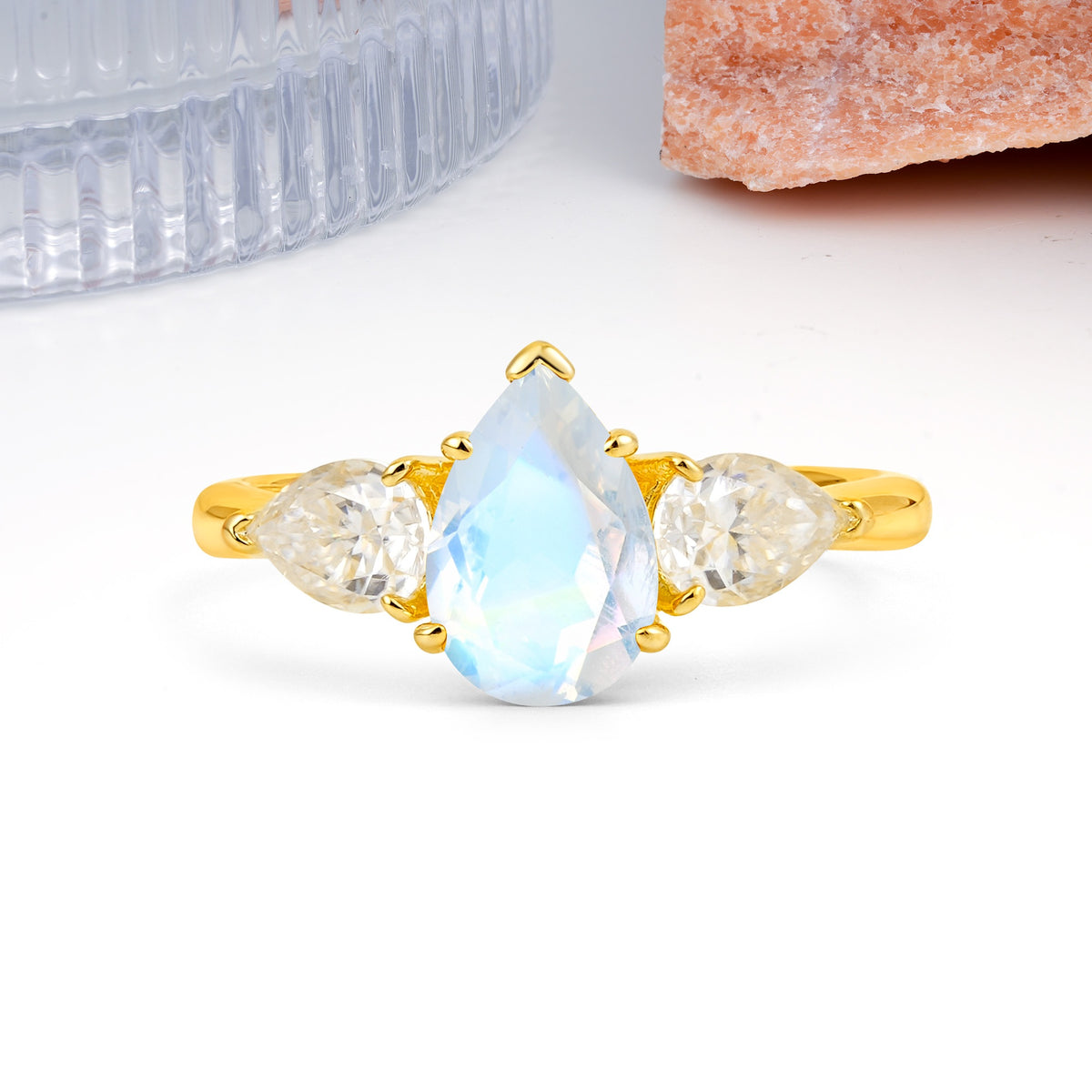 Classic, Luxurious 5-Prong Pear Cut Moonstone Three-Stone Wedding Ring - Additional view