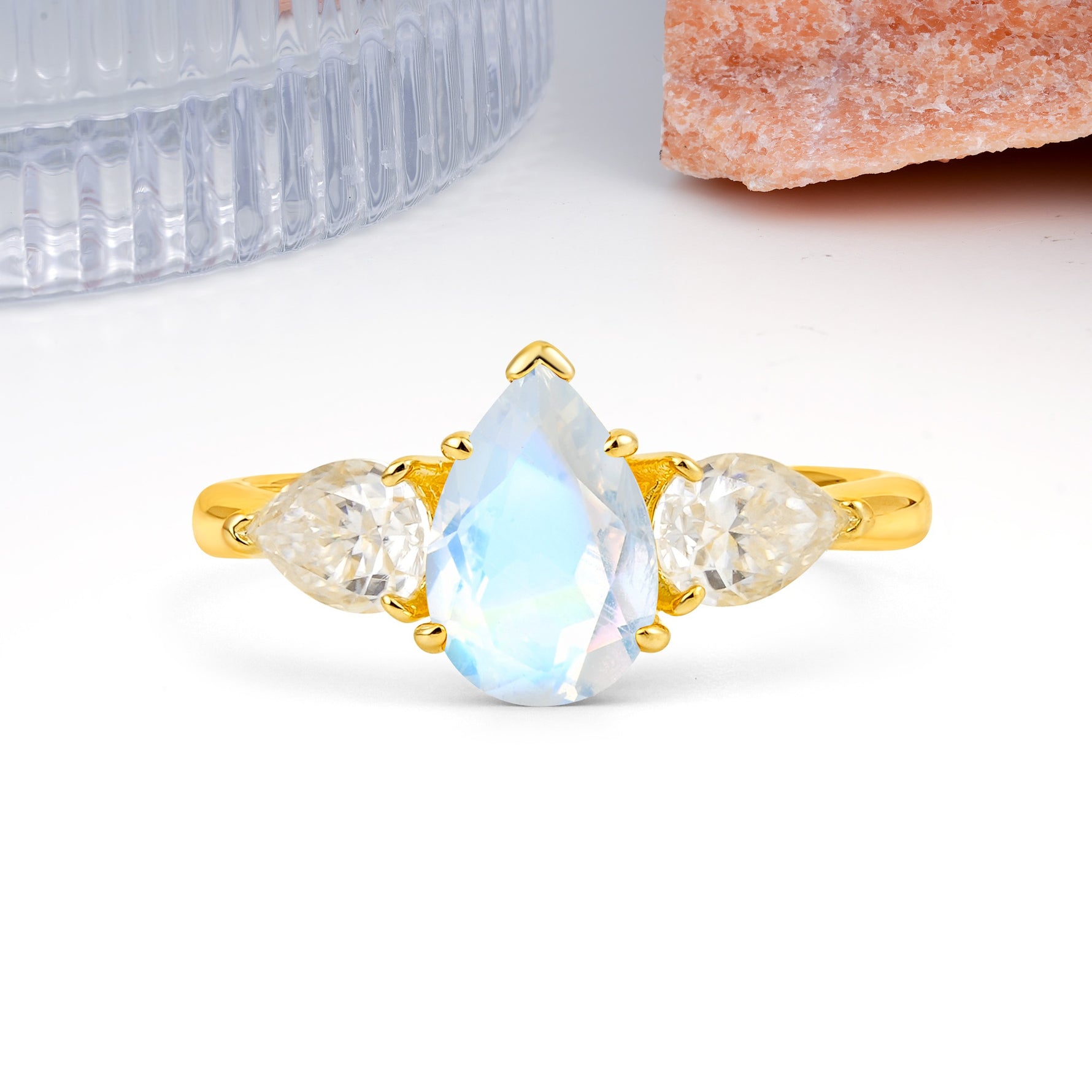 Classic, Luxurious 5-Prong Pear Cut Moonstone Three-Stone Wedding Ring - Additional view
