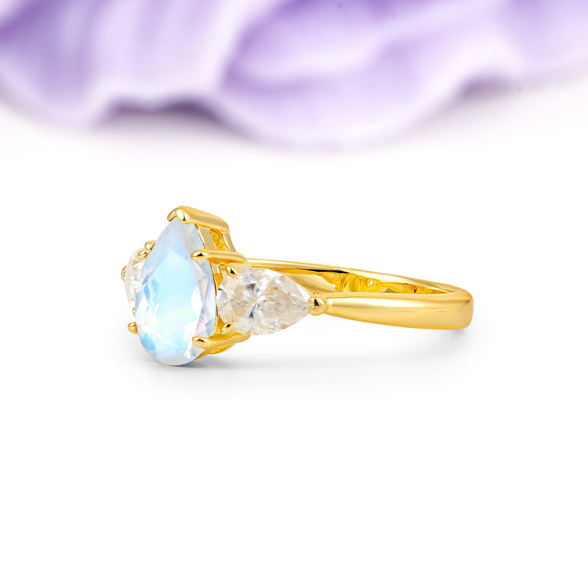 Classic, Luxurious 5-Prong Pear Cut Moonstone Three-Stone Wedding Ring - Additional view
