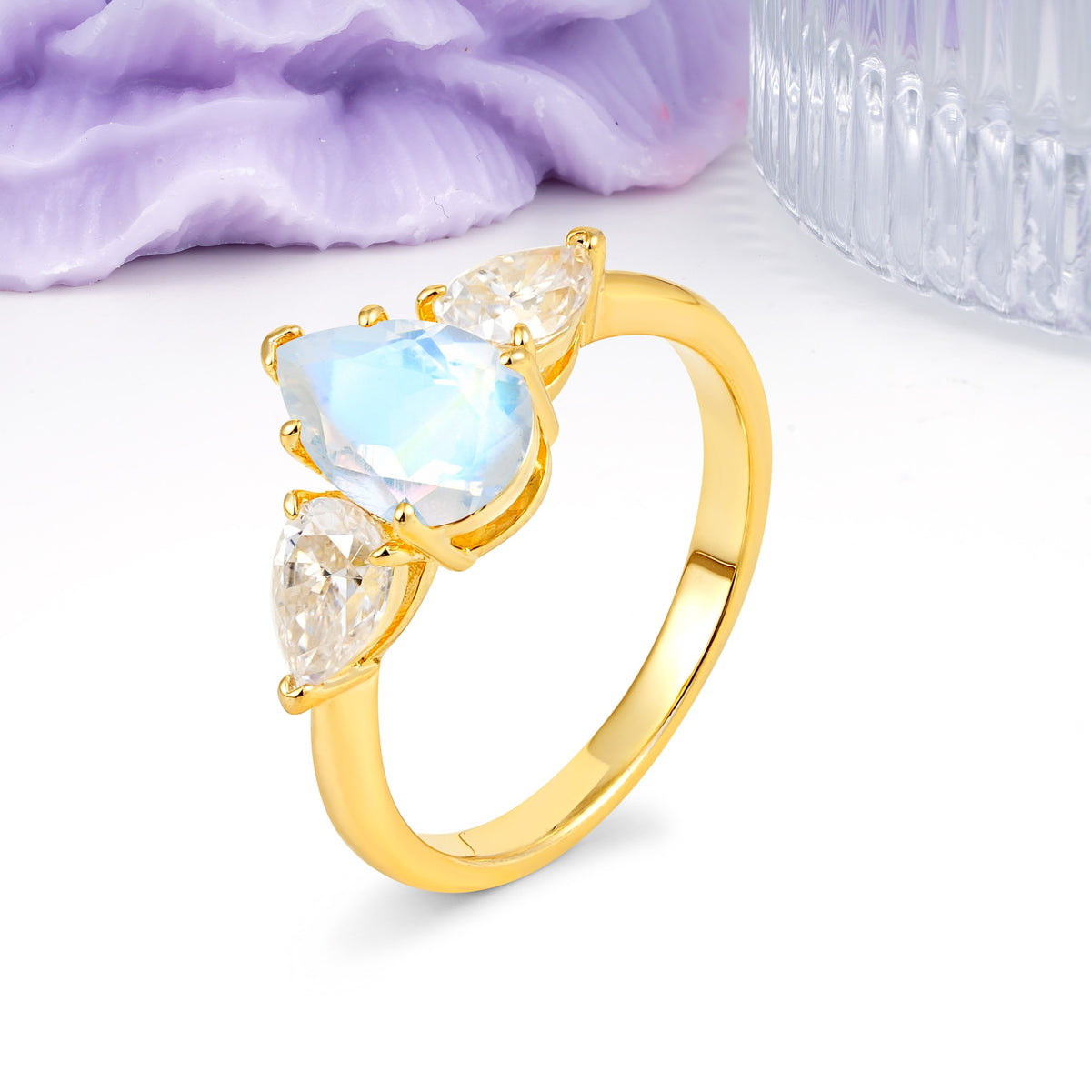 Classic, Luxurious 5-Prong Pear Cut Moonstone Three-Stone Wedding Ring - Additional view
