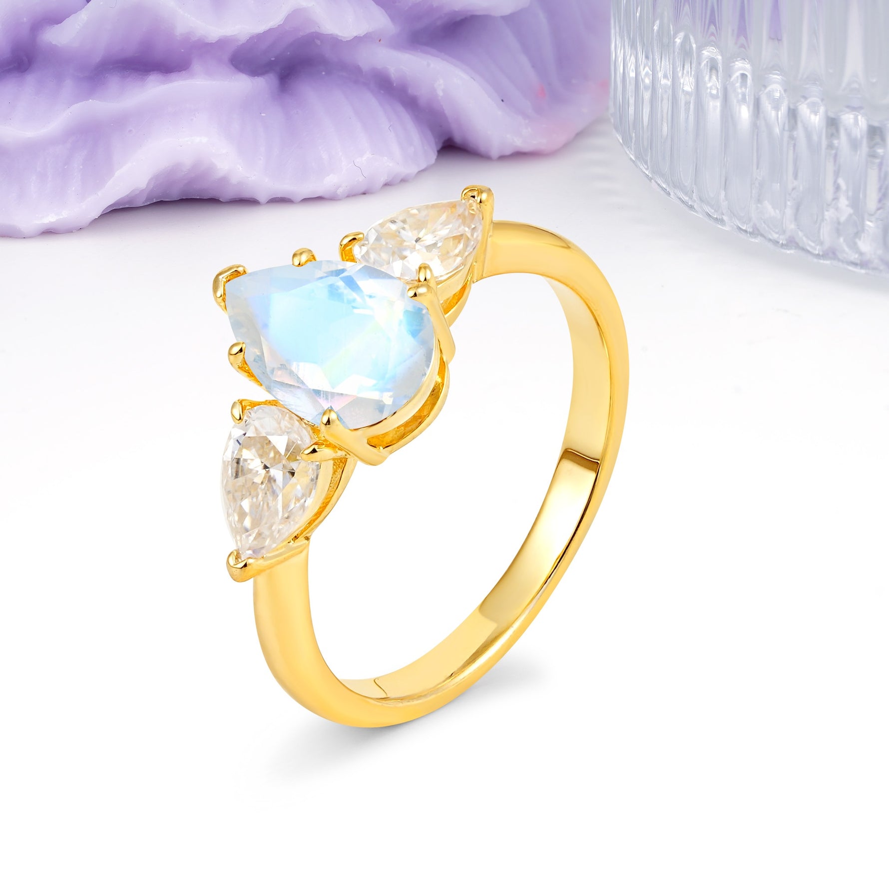 Classic, Luxurious 5-Prong Pear Cut Moonstone Three-Stone Wedding Ring - Additional view