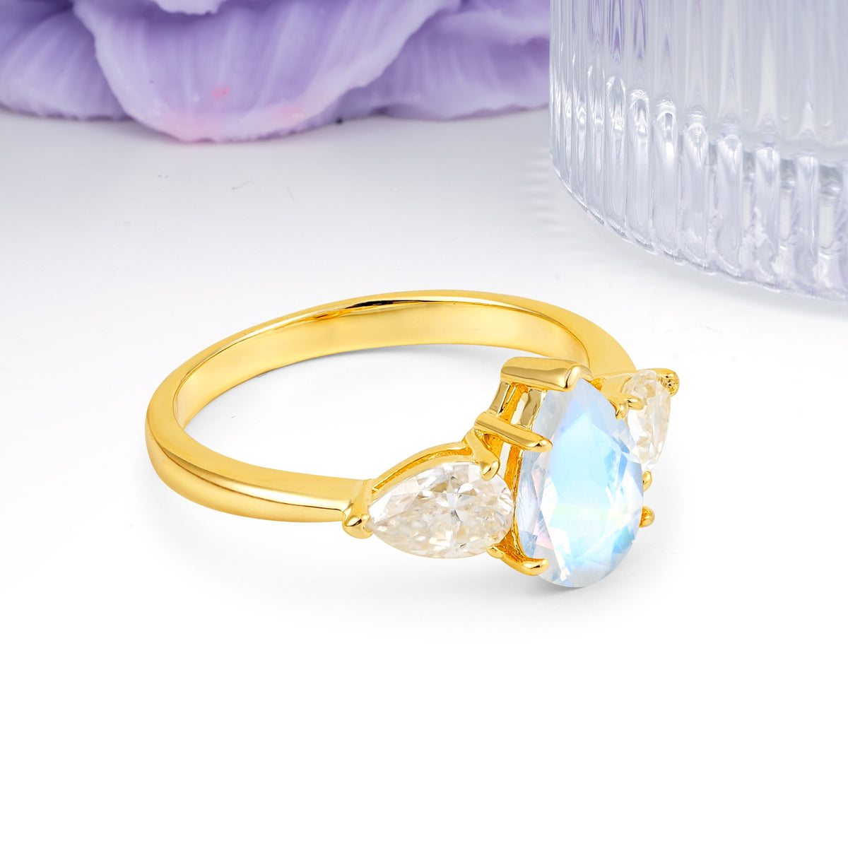 Classic, Luxurious 5-Prong Pear Cut Moonstone Three-Stone Wedding Ring - Additional view