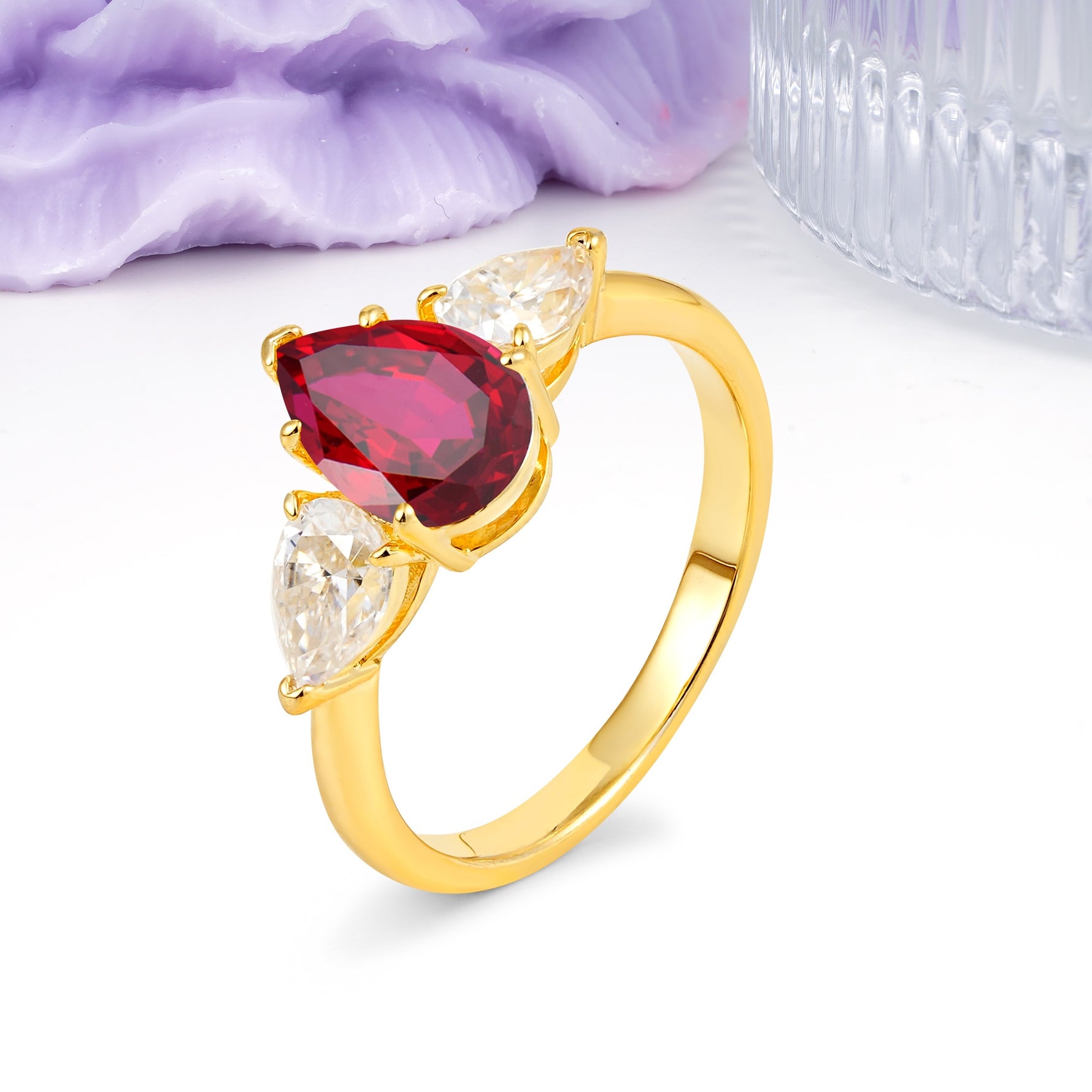 Classic, Luxurious 5-Prong Pear Cut Ruby Three-Stone Wedding Ring - Additional view