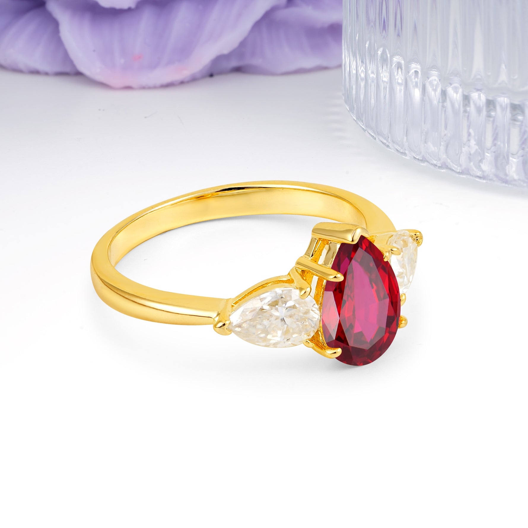 Classic, Luxurious 5-Prong Pear Cut Ruby Three-Stone Wedding Ring - Additional view