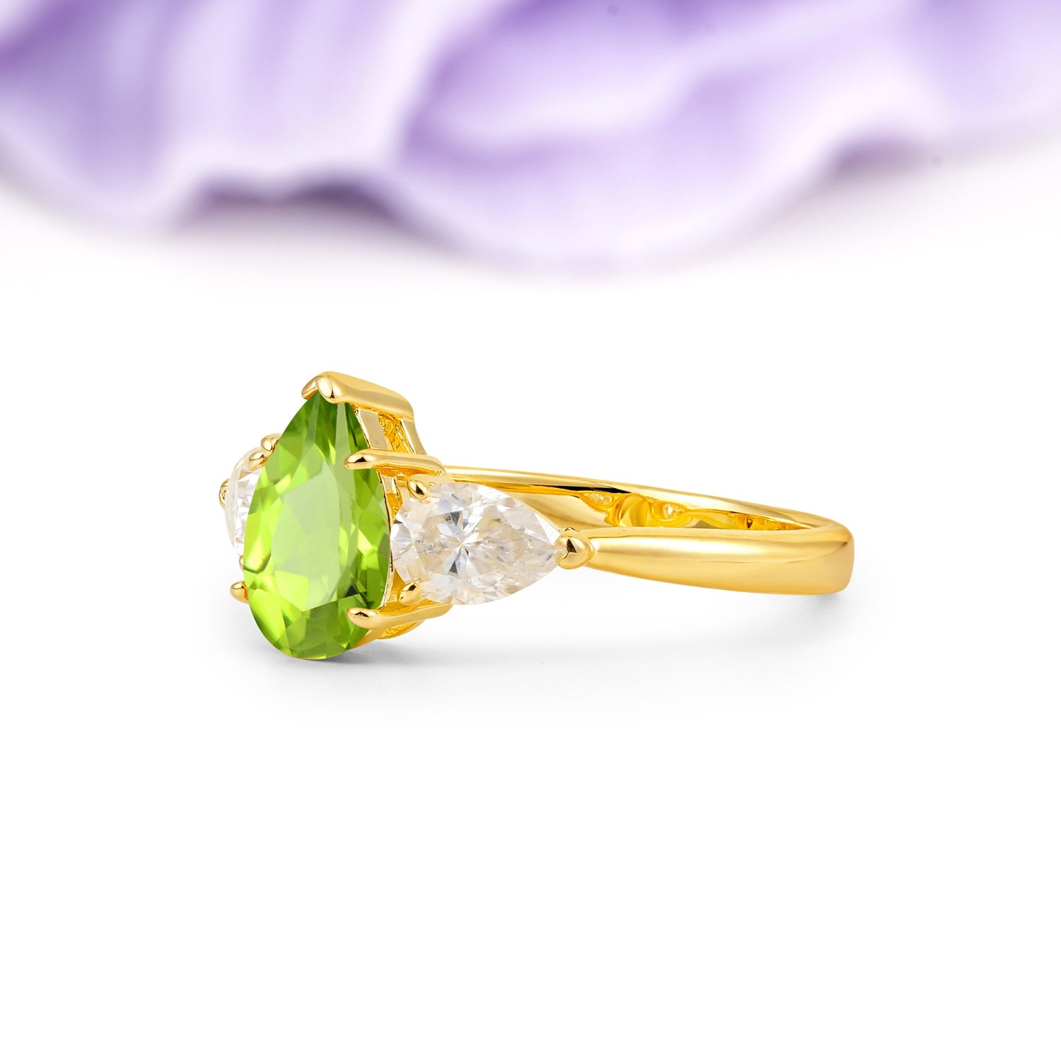 Classic, Luxurious 5-Prong Pear Cut Peridot Three-Stone Wedding Ring - Additional view