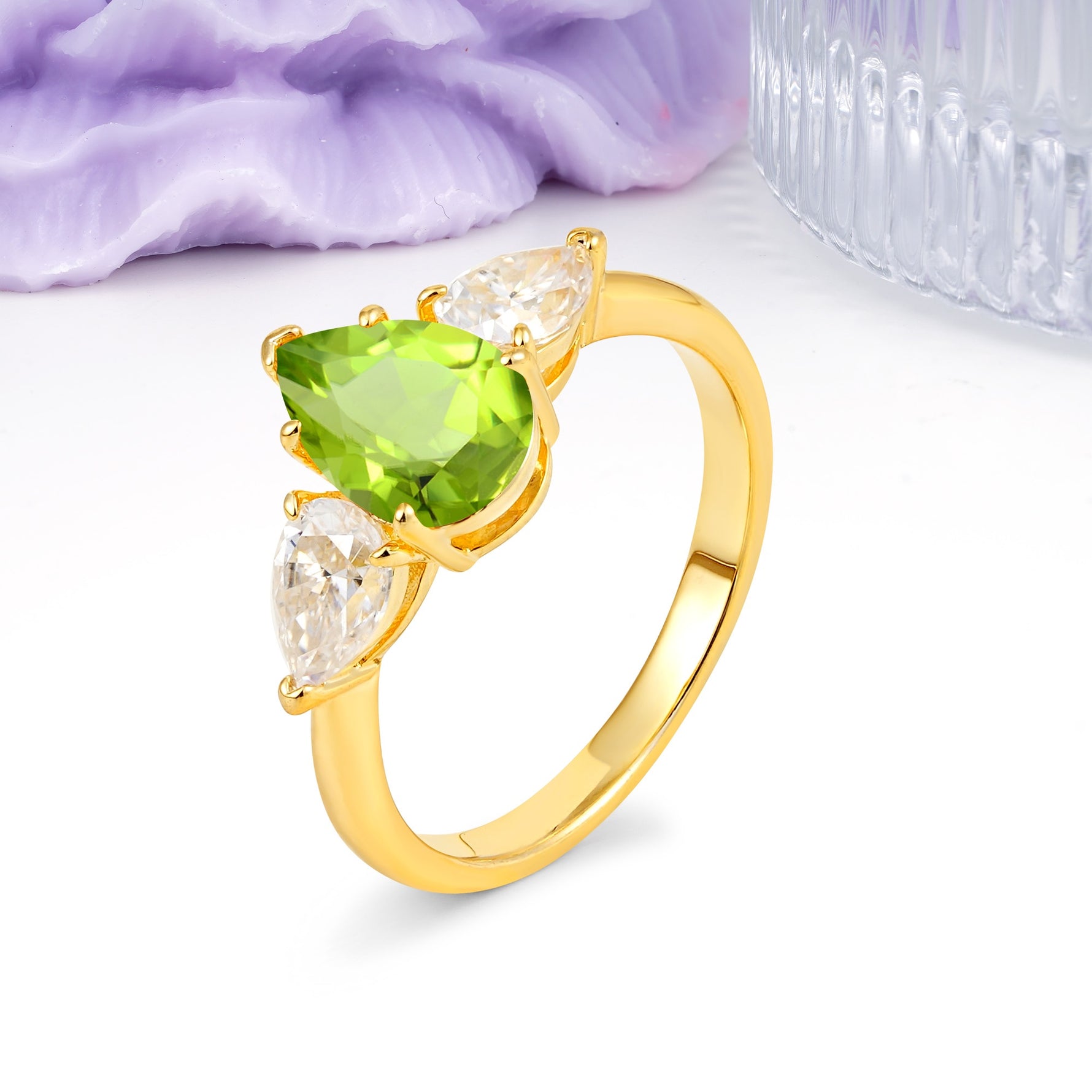 Classic, Luxurious 5-Prong Pear Cut Peridot Three-Stone Wedding Ring - Additional view