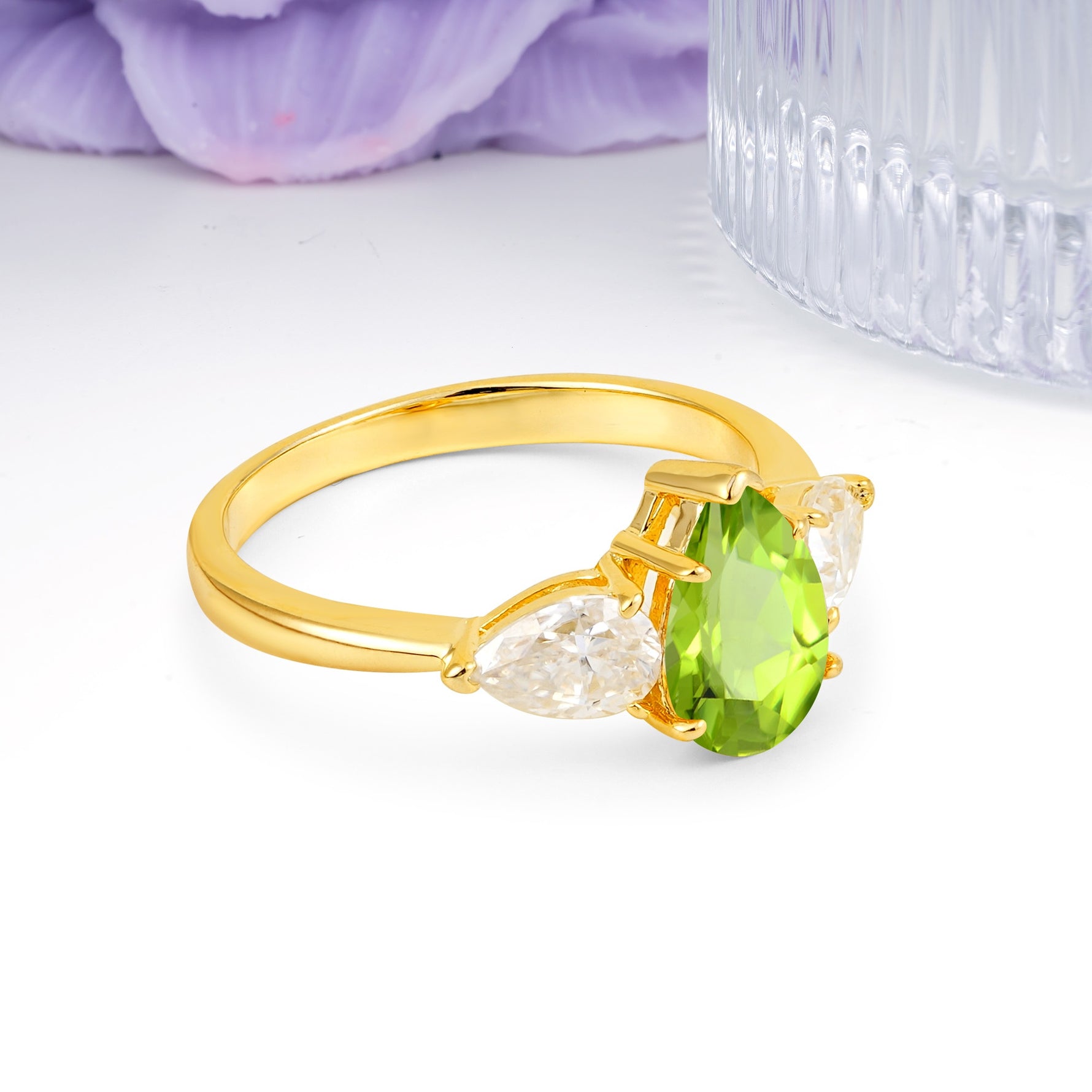 Classic, Luxurious 5-Prong Pear Cut Peridot Three-Stone Wedding Ring - Additional view