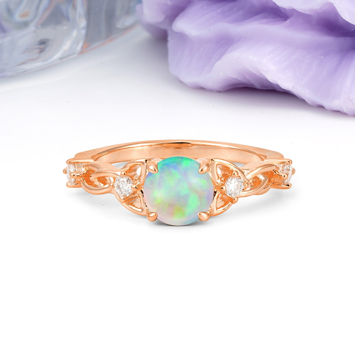 Nature-Inspired Luxury: Openwork 4-Prong Round Cut Fire Opal Engagement Ring - Additional view
