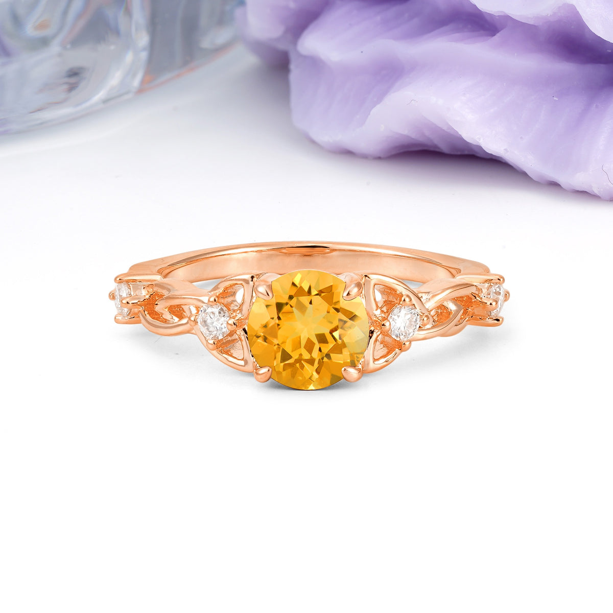 Nature-Inspired Luxury: Openwork 4-Prong Round Cut Citrine Engagement Ring - Additional view