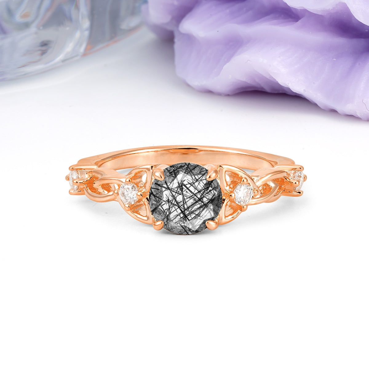 Nature-Inspired Luxury: Openwork 4-Prong Round Cut Black Rutilated Quartz Engagement Ring - Additional view