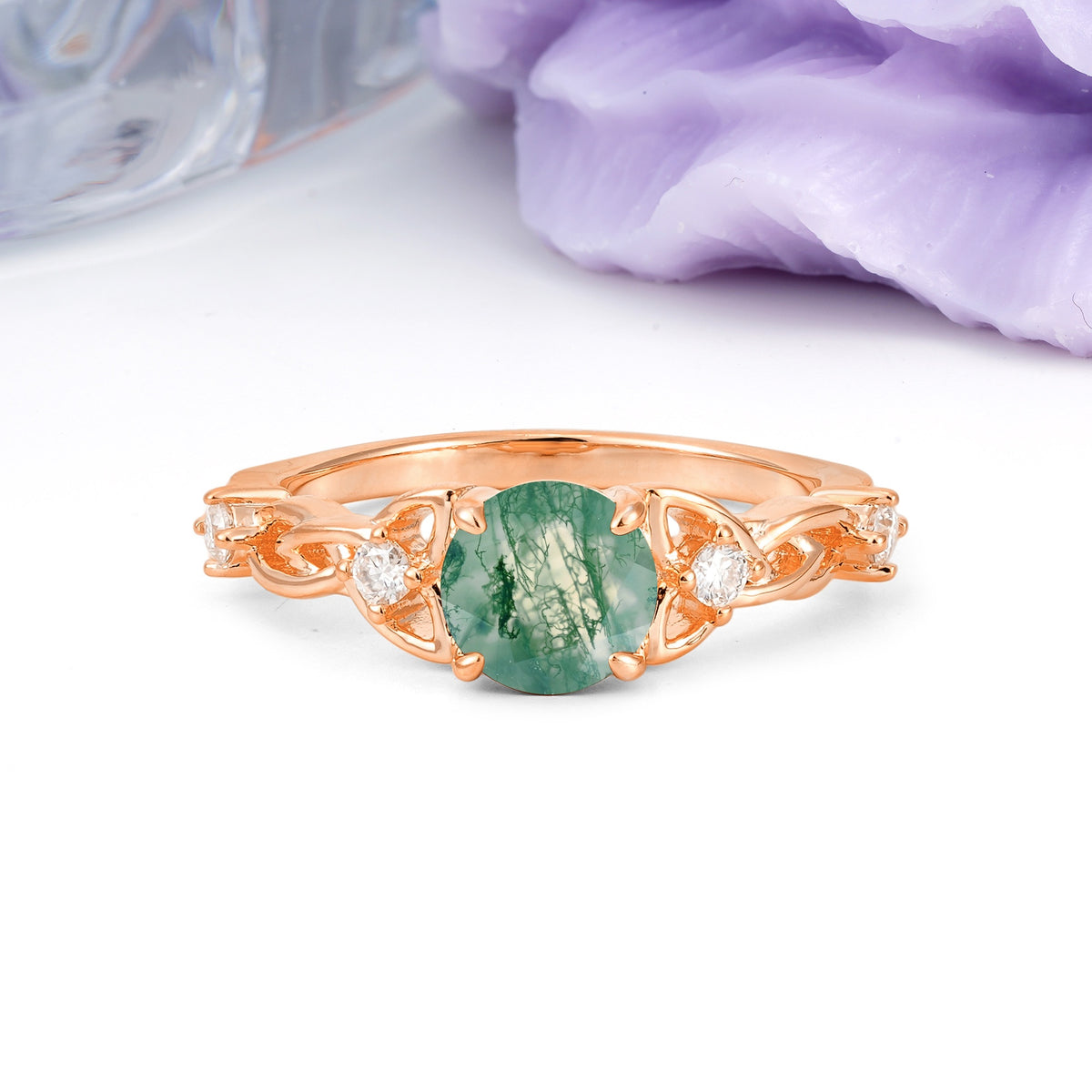 Nature-Inspired Luxury: Openwork 4-Prong Round Cut Moss Agate Engagement Ring - Additional view