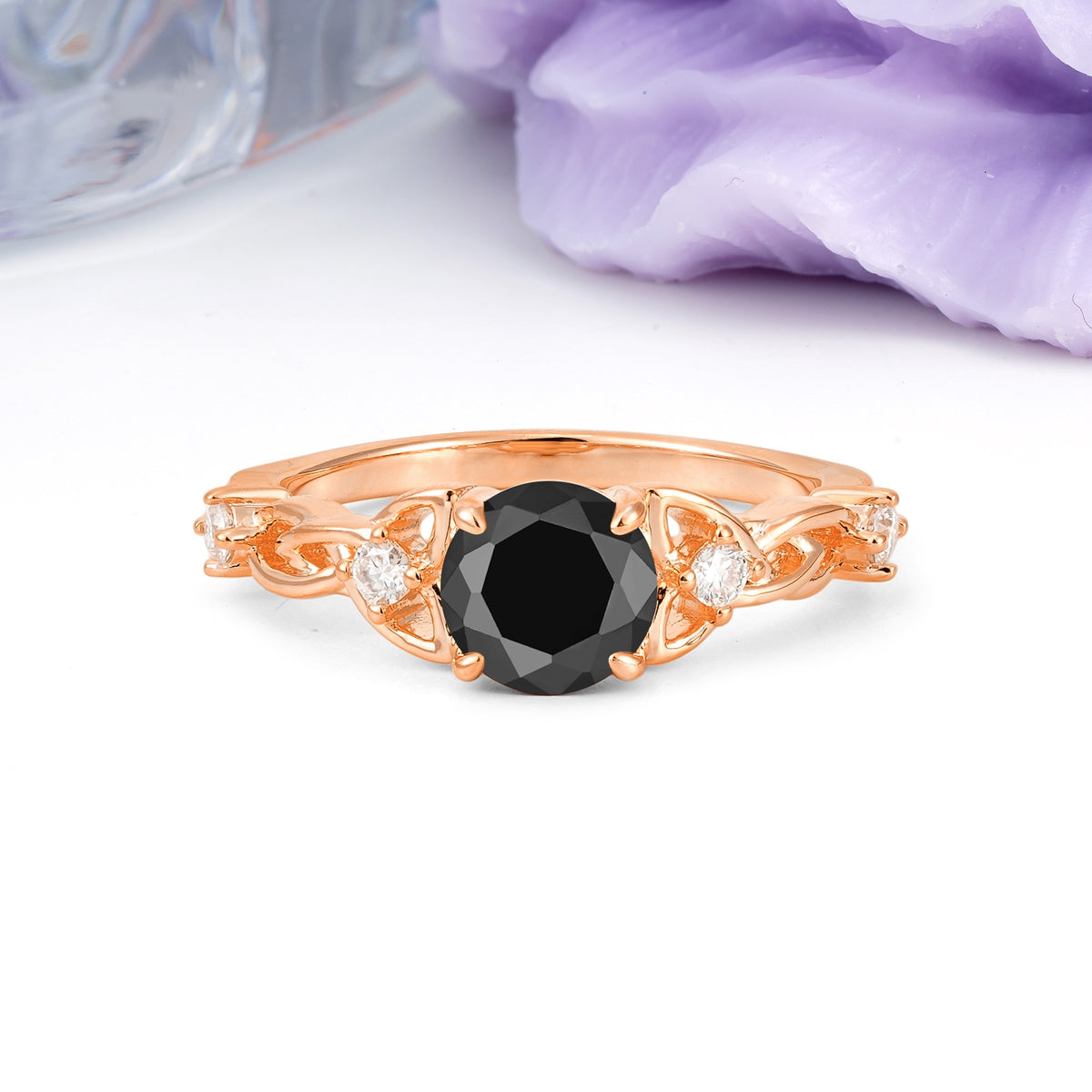 Nature-Inspired Luxury: Openwork 4-Prong Round Cut Black Onyx Engagement Ring - Additional view
