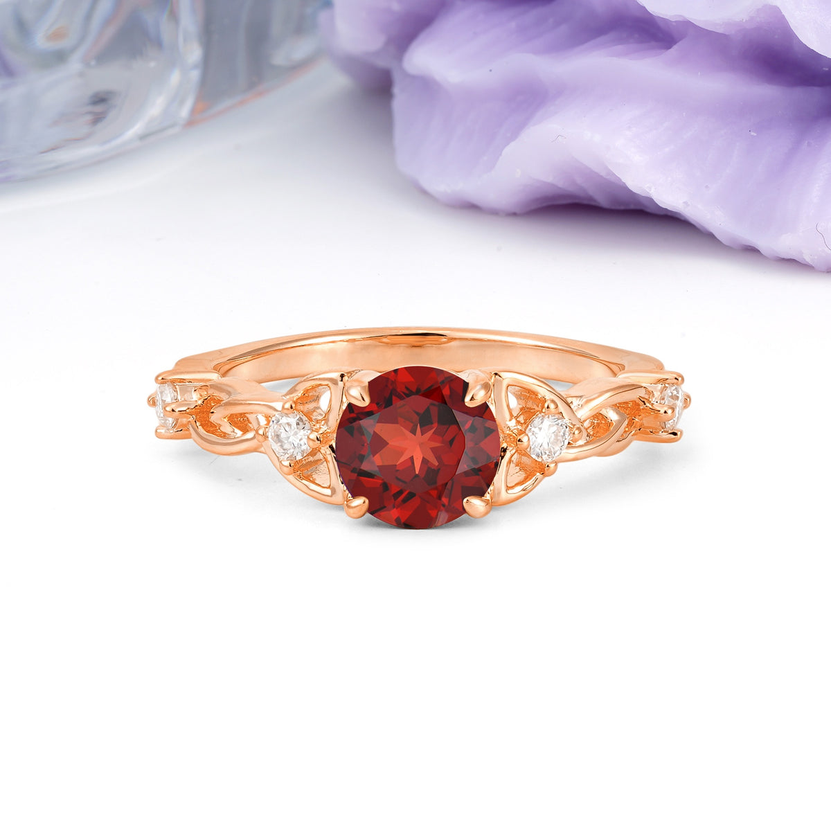 Nature-Inspired Luxury: Openwork 4-Prong Round Cut Garnet Engagement Ring - Additional view