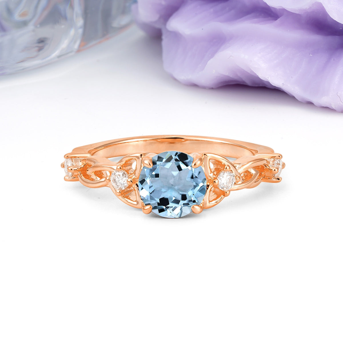 Nature-Inspired Luxury: Openwork 4-Prong Round Cut Aquamarine Engagement Ring - Additional view