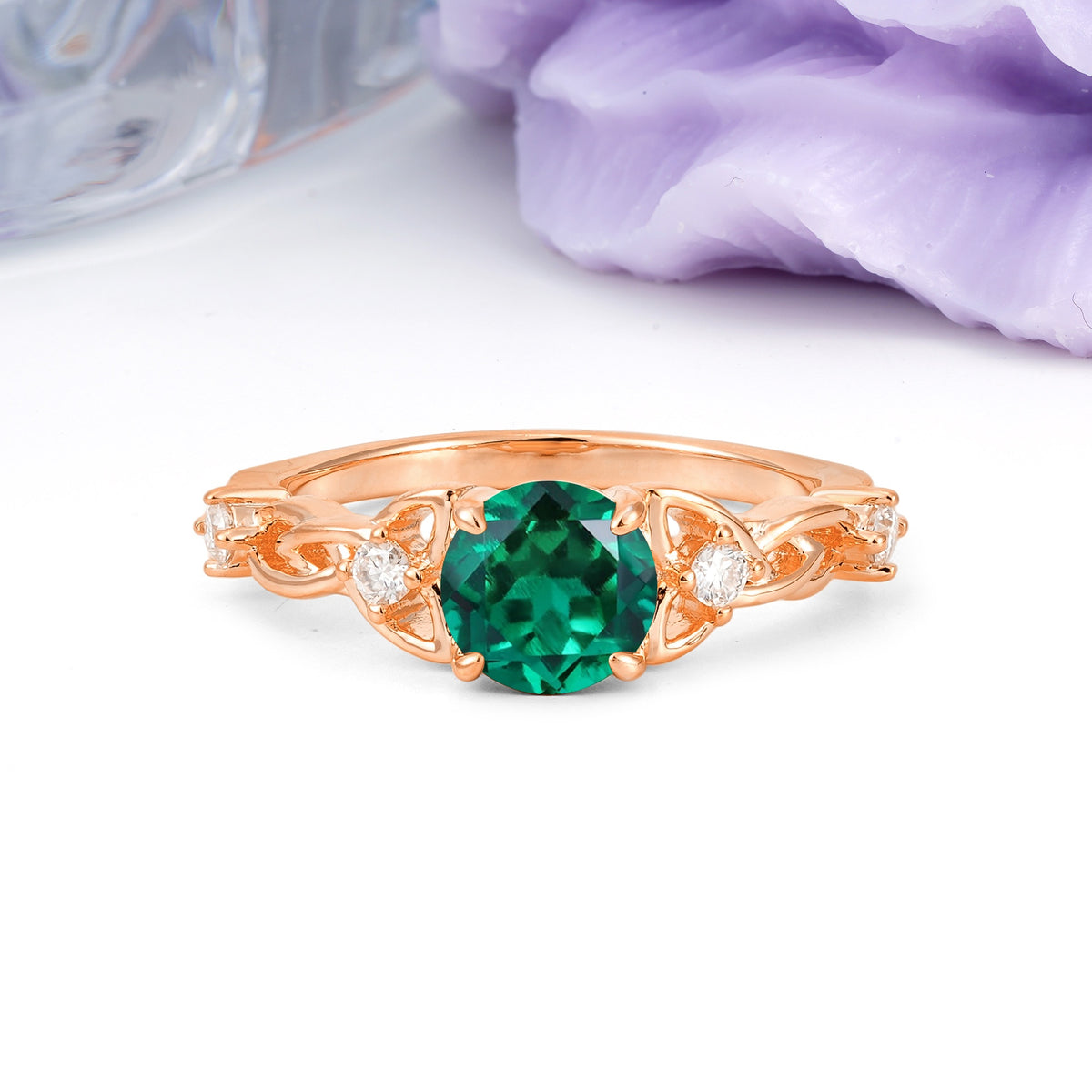Nature-Inspired Luxury: Openwork 4-Prong Round Cut Emerald Engagement Ring - Additional view
