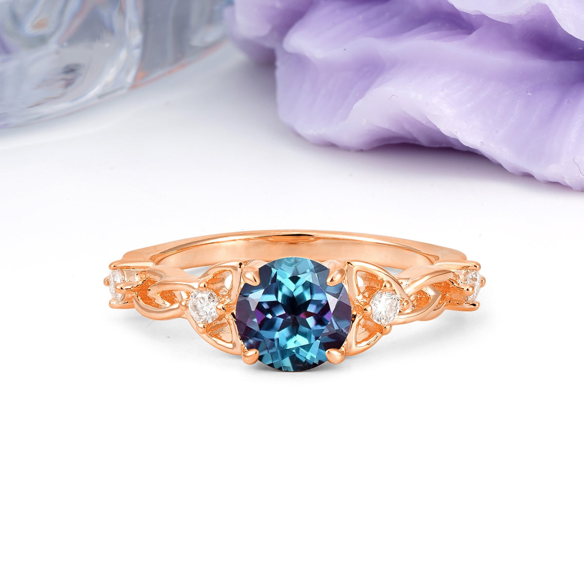Nature-Inspired Luxury: Openwork 4-Prong Round Cut Alexandrite Engagement Ring - Additional view